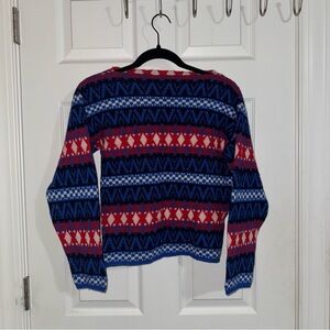 Vintage‎ Nordic Fair Isle Sweater 100% Wool Red Blue White Geometric Pattern